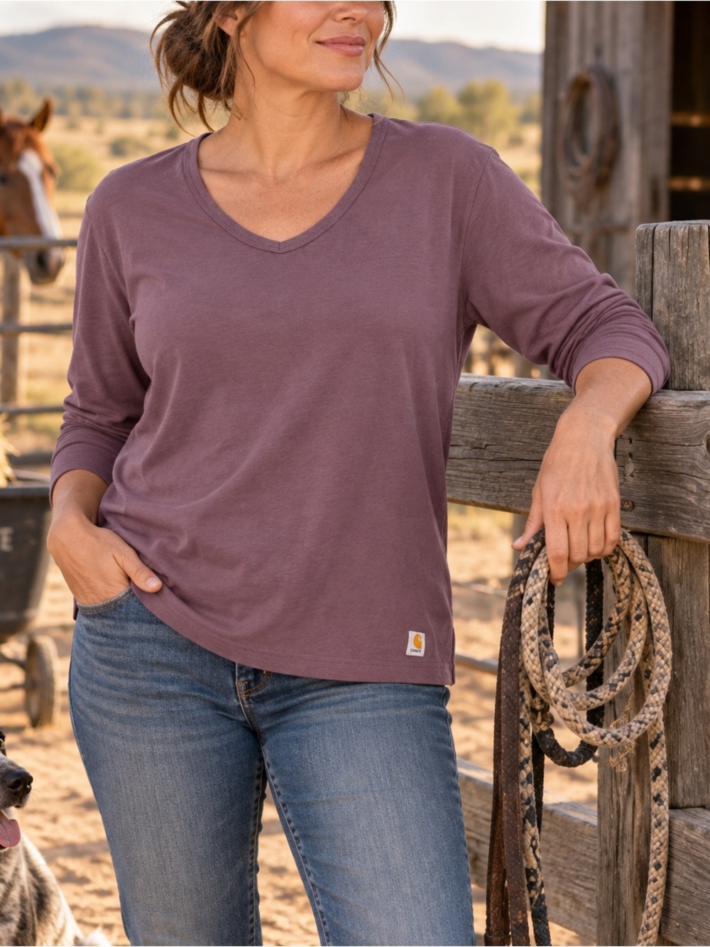 Carhartt for Women XL Dusty Mauve Long Sleeve V-Neck Cotton Tee